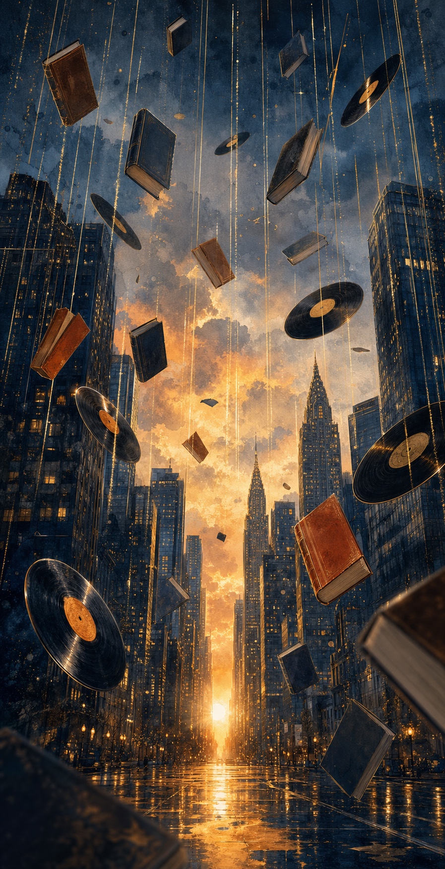 Records and books falling like golden rain through a sunset cityscape